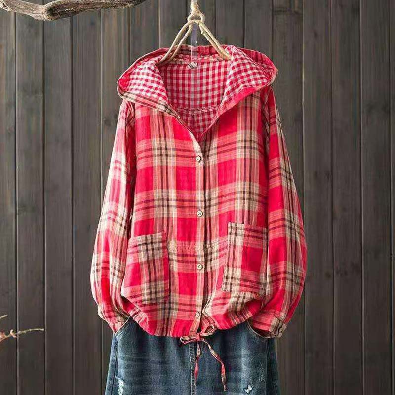 New Korean-style Oversized Artistic Retro Casual Plaid Cotton-linen Double-layer Shirt With A Hood