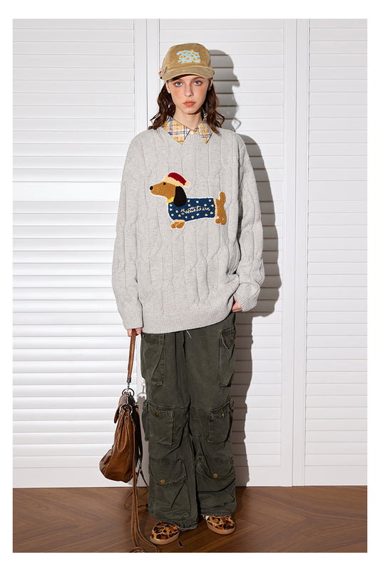 Sausage Puppy Embroidered Round Neck Sweater Women's Loose Sweater