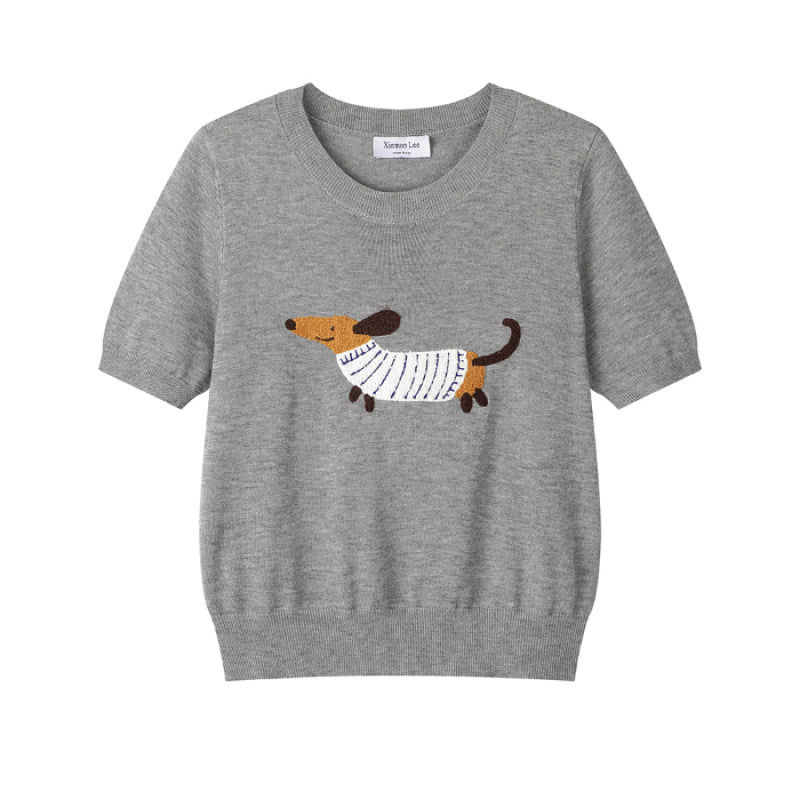 Cartoon Puppy Round Neck Knitted T-shirt Shory Style T-shirt