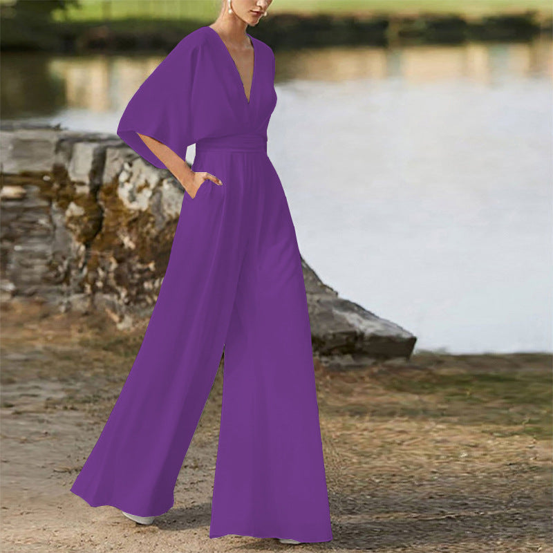 Women's Dress Jumpsuit Deep V High Waist Wide Legs