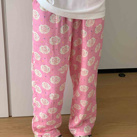 Søde pyjamasbukser med katteprint til kvinder i store størrelser, løse fritidsbukser