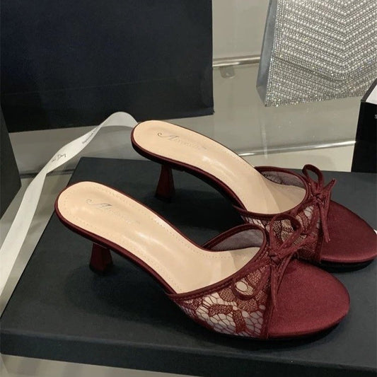 French Style Lace Bow Kitten Heel Mules For Women