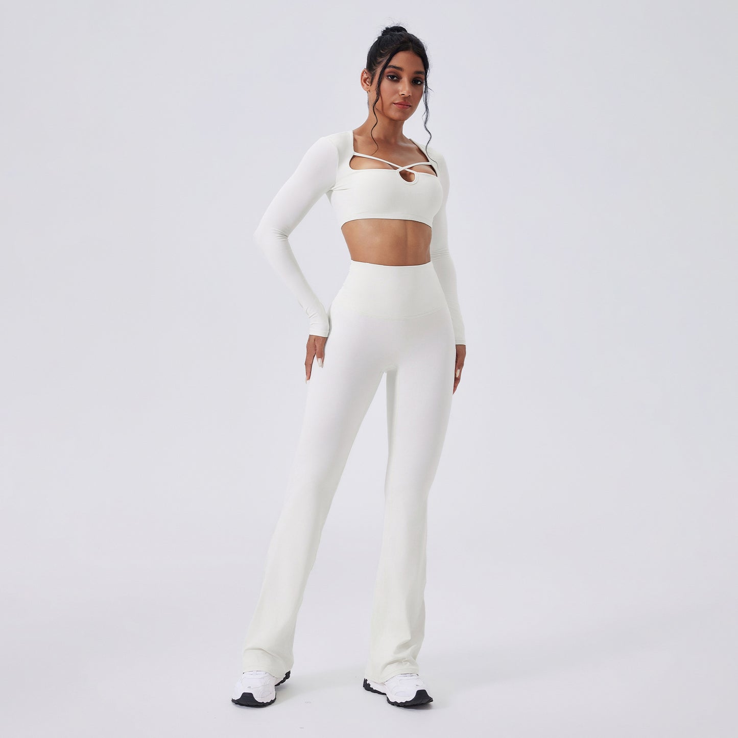 Color-blocking Yoga Hollow-out Slim-fit High-waist Flared Pants Long Sleeve Set
