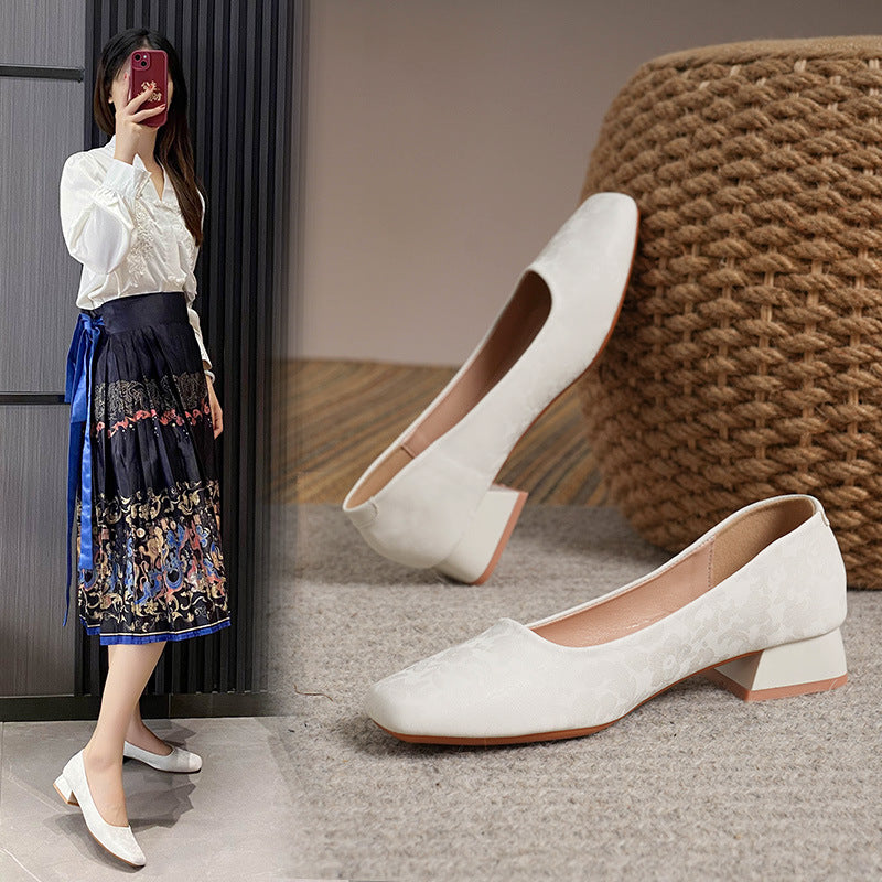 Retro Commuter Soft Leather Square Head Mid-high Heels