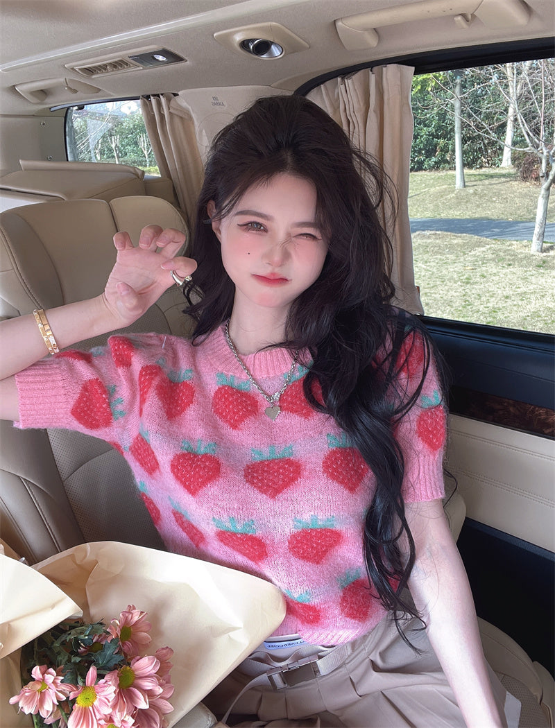 Strawberry Knitted Sweater Slim Fit Short Sleeve