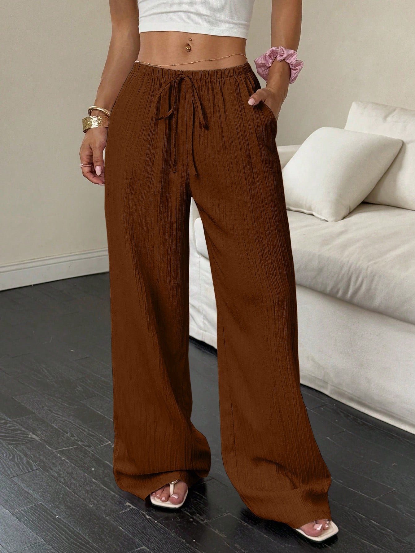 Flirla Women's Casual Versatile Solid Color Wide Leg Pants