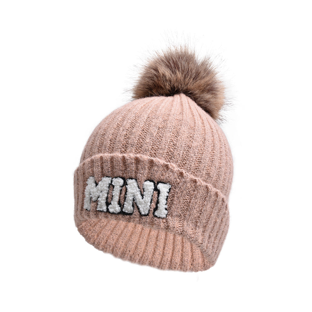 Letter MAMA Woolen Cap Outdoor Fur Ball Warm Hat