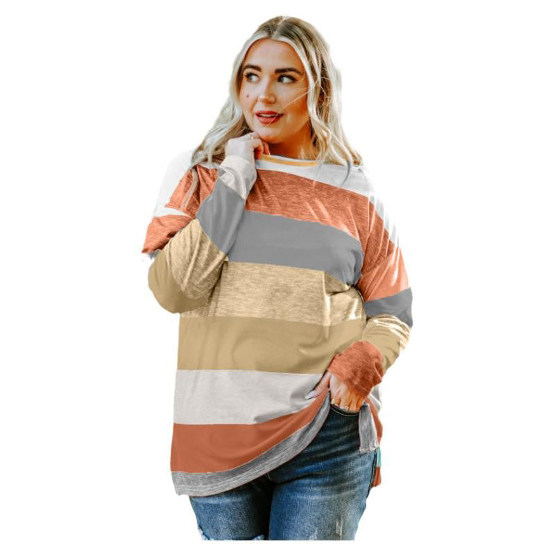 Green Plus Size Color Block Loose Long Sleeve Top