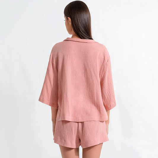 SpringSummer European And American Style Three-Quarter Sleeve Pajama Set With Loose Crepe Cotton Shorts