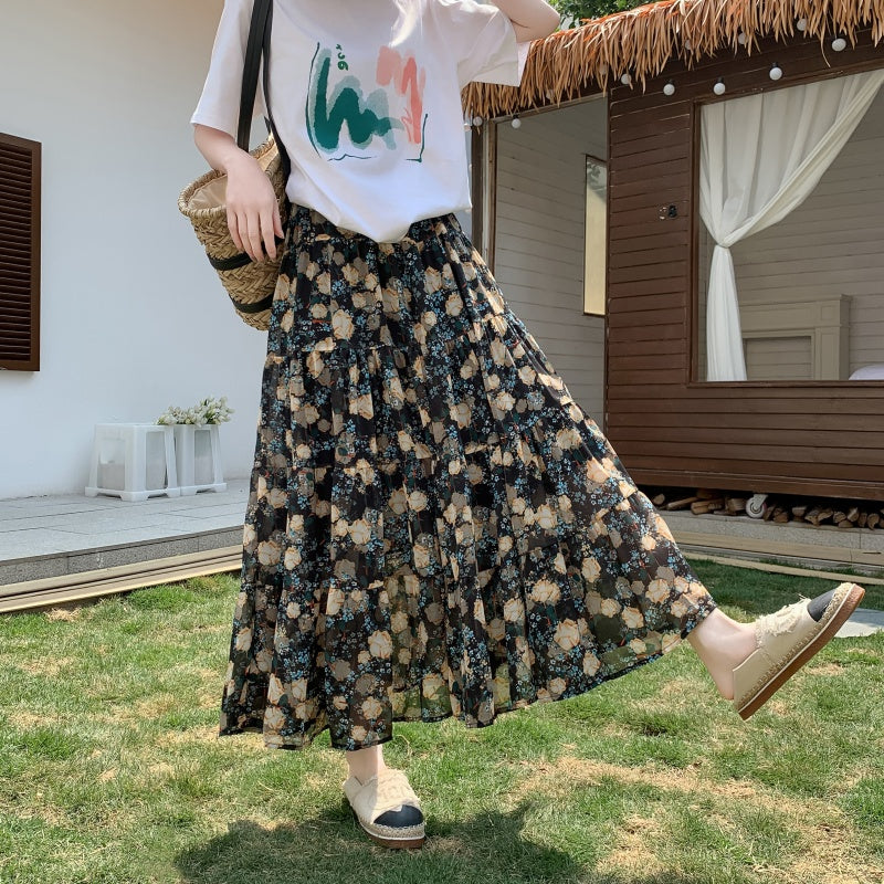 High Waist Drooping Printed Chiffon Floral Skirt For Women