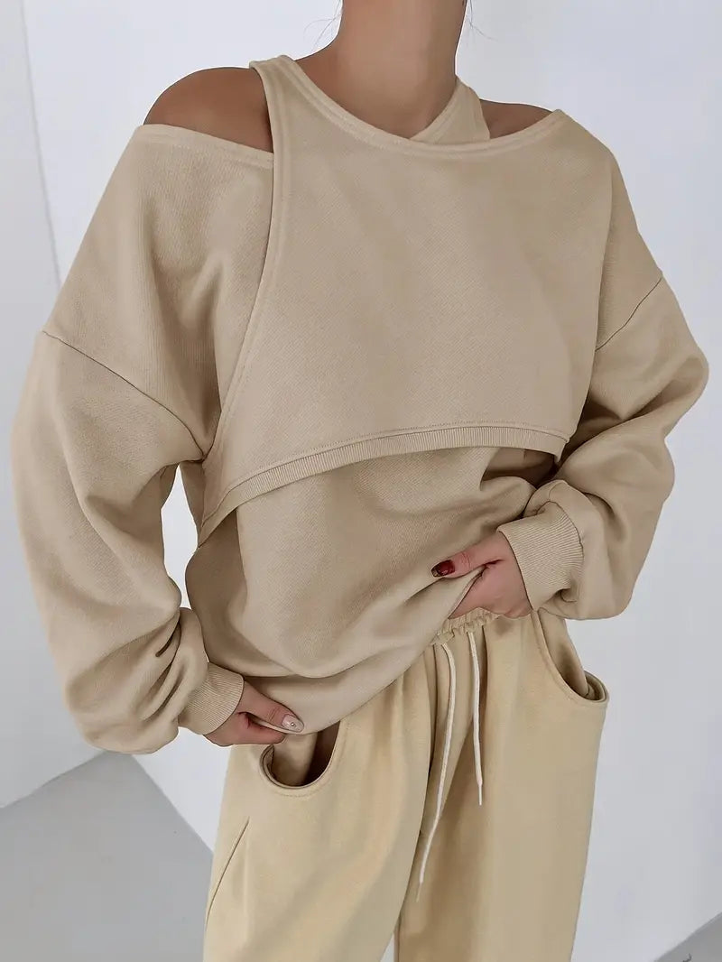 Leisure Off-shoulder Loose Long Sleeve Fleece-lined Bathroom