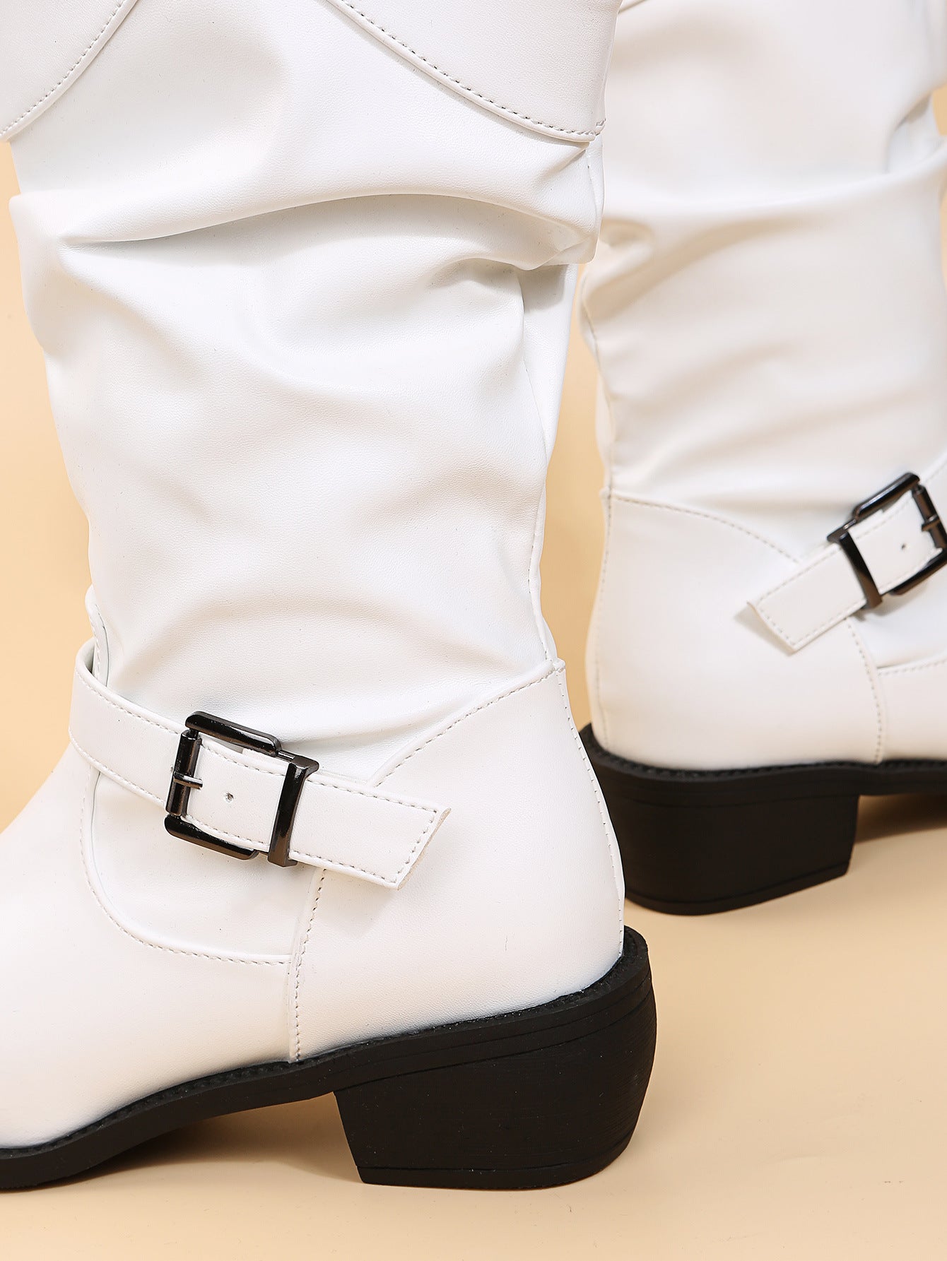 Large Size Pleated Belt Buckle Thick Heel Mid-tube Round Toe Rider Boots Women's