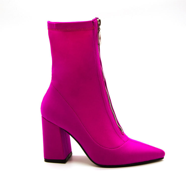 Short Boots Summer Breathable Stretch Boots High Heel Chunky Heel Pointed Toe Front Zipper Fashionable Boots Large Size Shoes