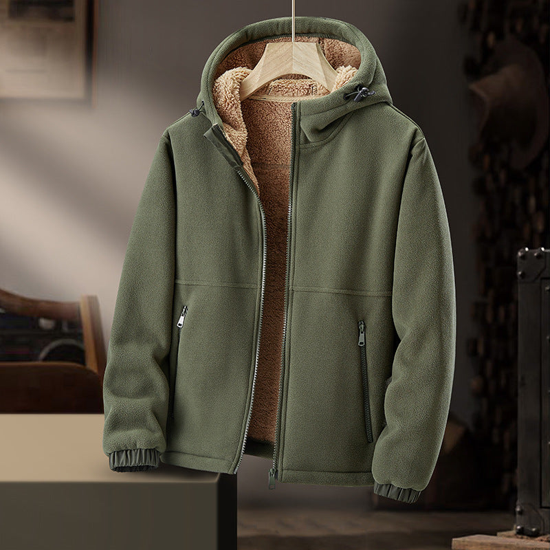 Men's Fleece Casual Hooded Lamb Wool Thickened Warm Cardigan Coat
