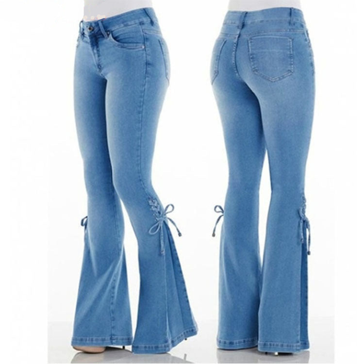 Mid Waist Lace Up Denim Trousers Stretch Jeans Women's Flared Pants