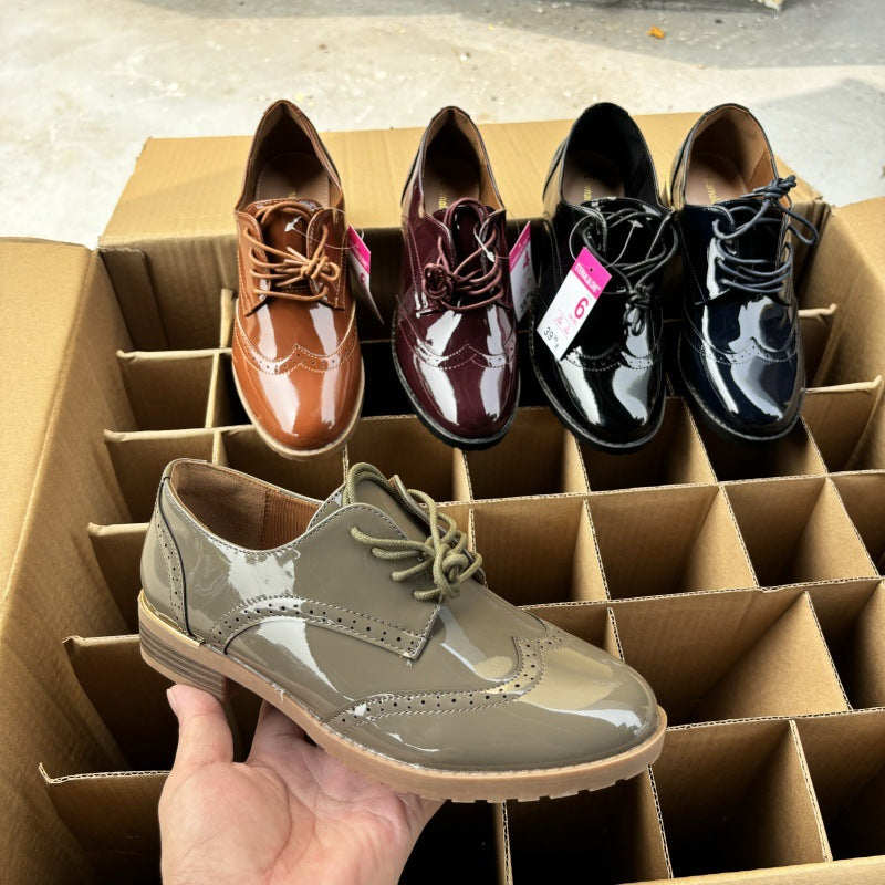 Women's Simple British Style Drawstring Patchwork Glossy Leather Shoes