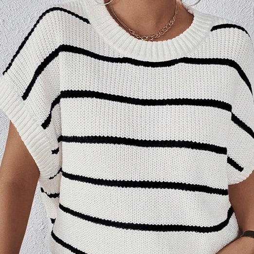 Striped Wool Round Neck Contrast Drop Shoulder Sweater With Short Sleeves