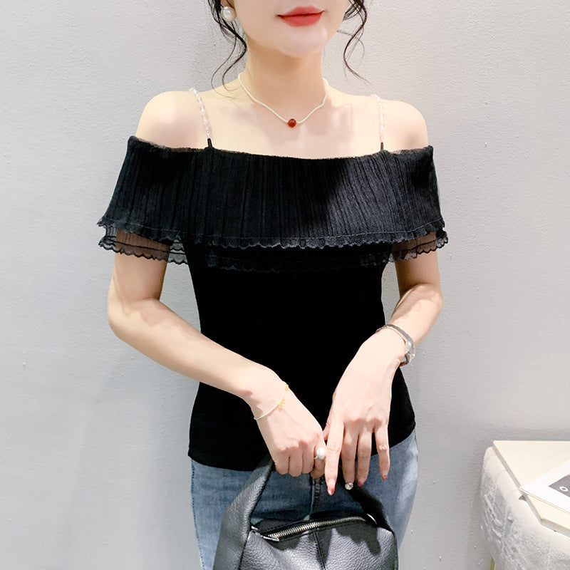Pleated Lace Stitching Off-neck Sweet Short Sleeve
