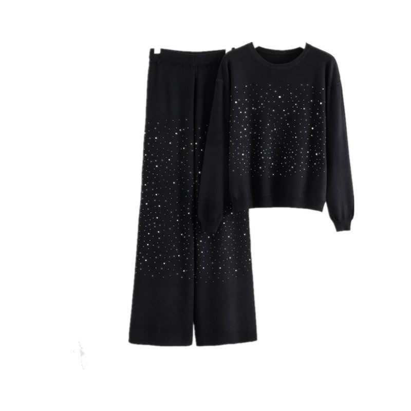 Starry Hot-Stone Round-Neck Pullover Knit Set
