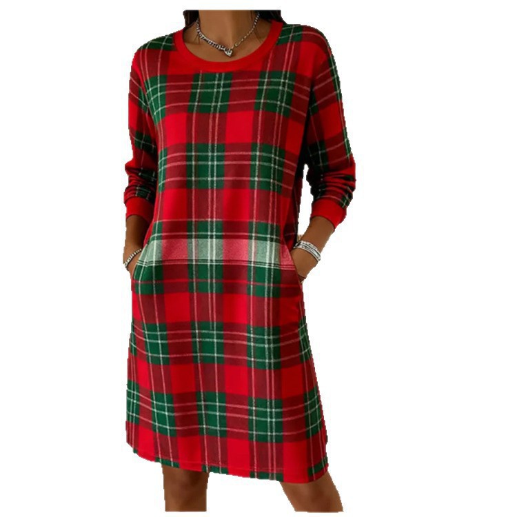Womens Retro Plaid Crew-Neck Long-Sleeve Dress