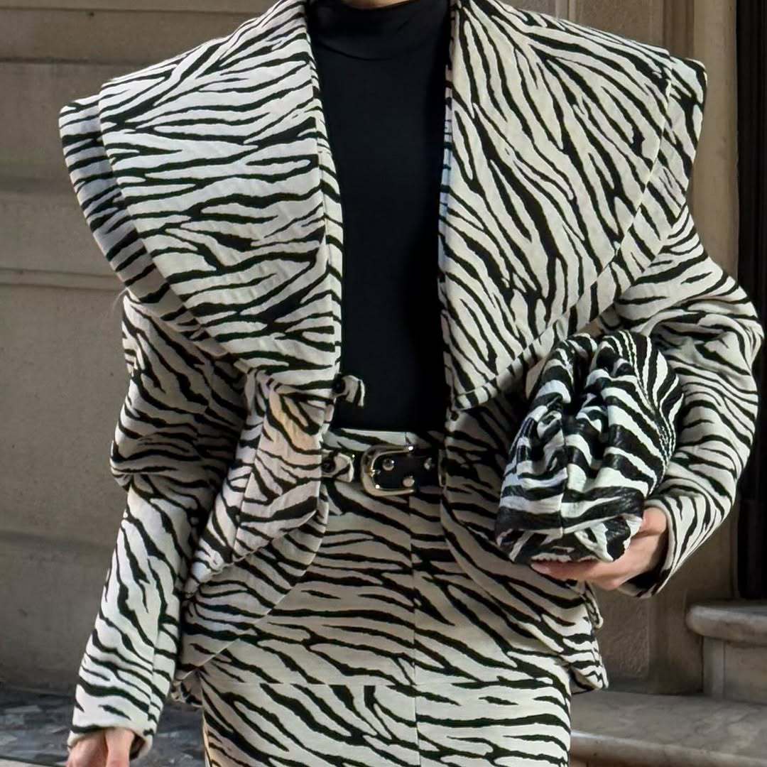 Zebra-striped Coat And Short Sheath Skirt Set