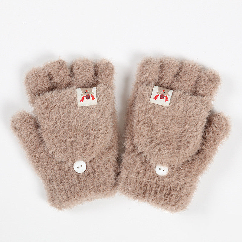 Knitted Plush Flap Half Finger Gloves
