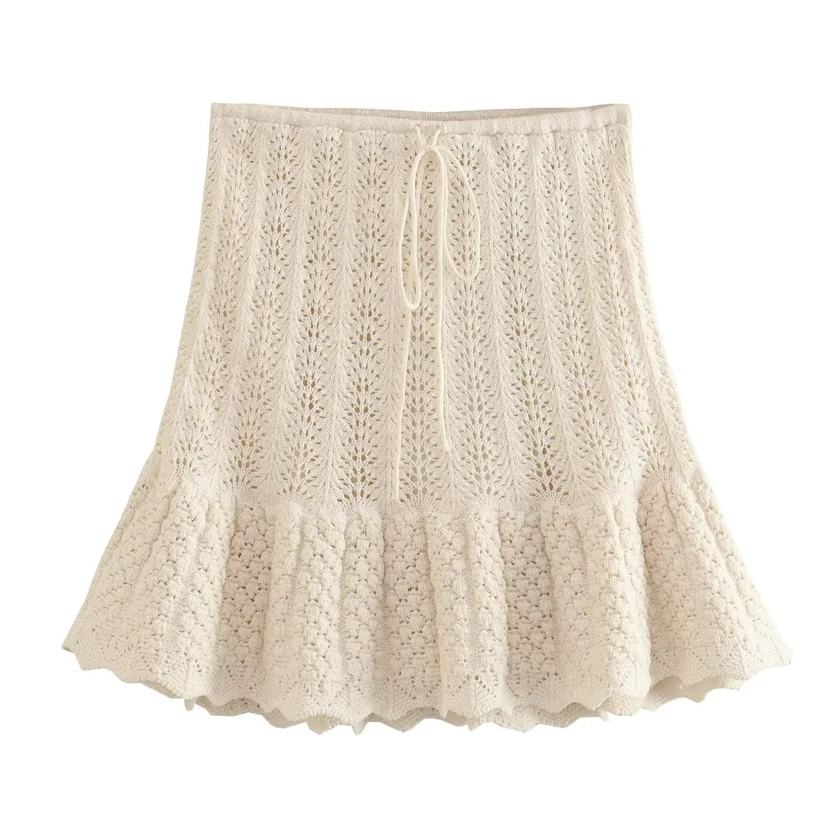 Round Neck Jacquard Mesh Hollow Out Sleeveless Knitted Top Drawstring Knitted Skirt Suit Women
