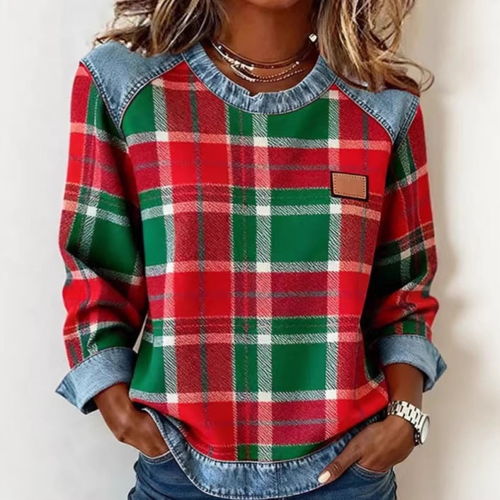 New Plaid Patchwork Loose-fitting Womens Crew-neck Blouse