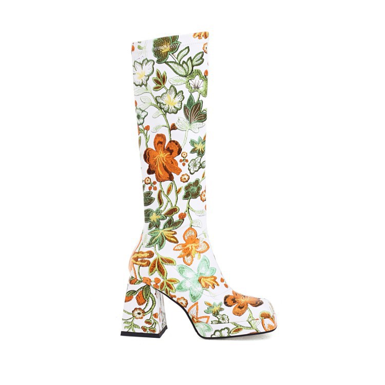 Fashion High Heel Print Square Toe  Knight Boots Women