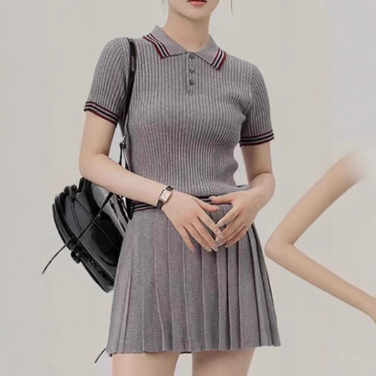 Womens Short Knitted Pleated Skirt Two-Piece Set