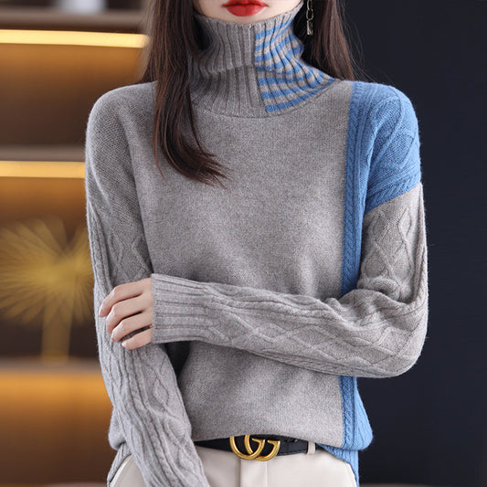 Women's Turtleneck Sweater Loose Contrast Color