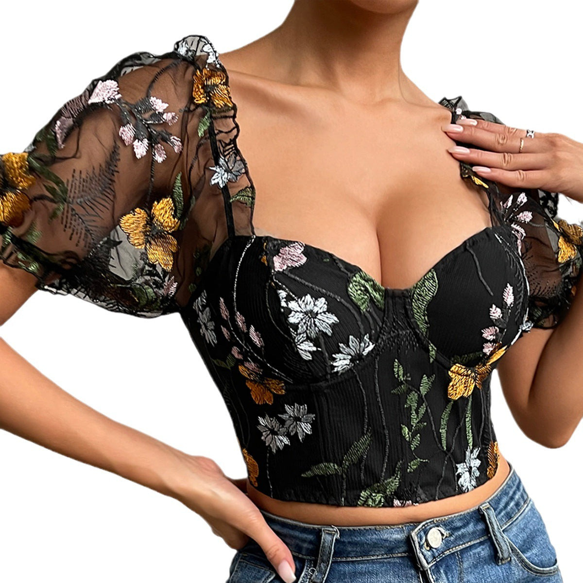 Net Yarn Flowers Embroidered Breasted Puff Sleeve Fishbone Short INS Top