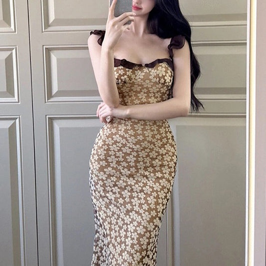 French Style Flying Sleeve Printed Sheath Spring And Summer Pure Design Long Dress
