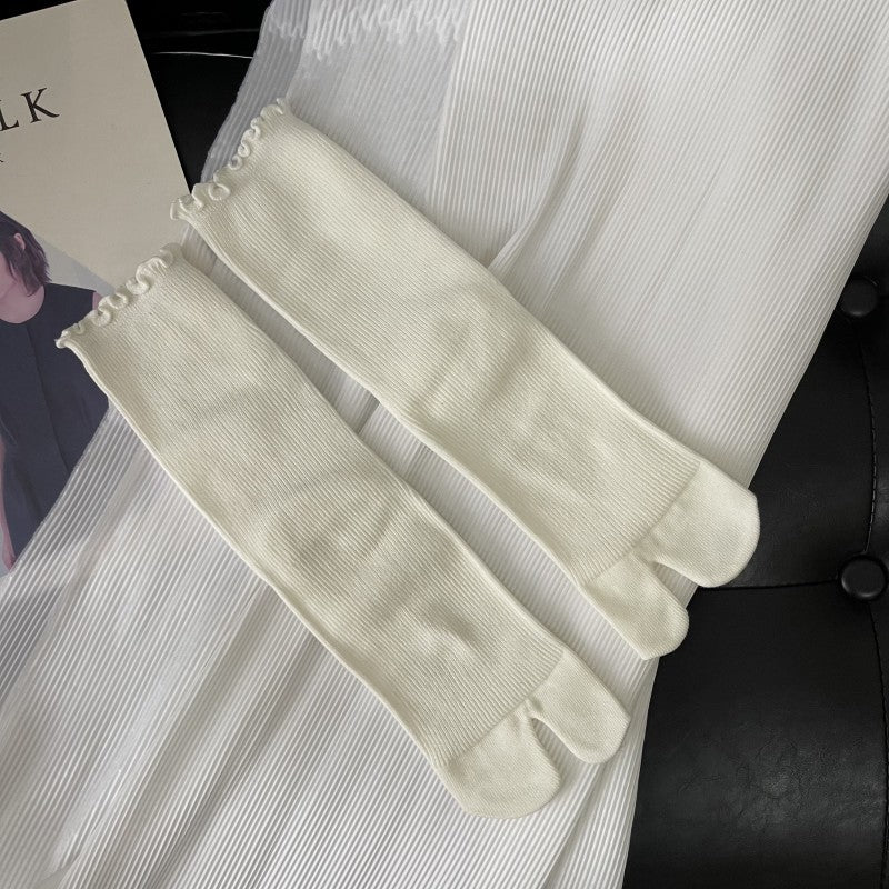 Split Toe Wooden Ear Double Needle Thin Sprout Solid Color Mid-calf Length Socks Bunching Socks Artistic Women's Socks