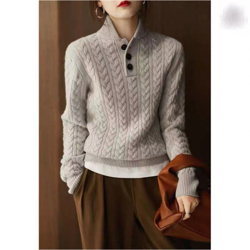 Baseball Collar Twisted String Textured Knitted Sweater For Women