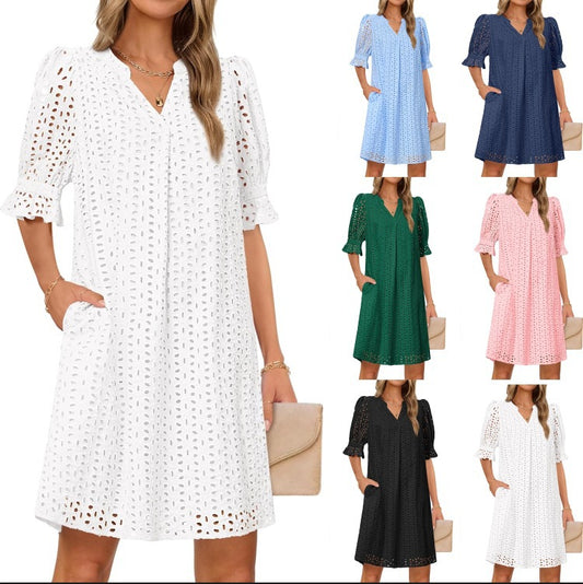 SpringSummer V Neck Pleated Collar Hollow Out Floral Lace Dress