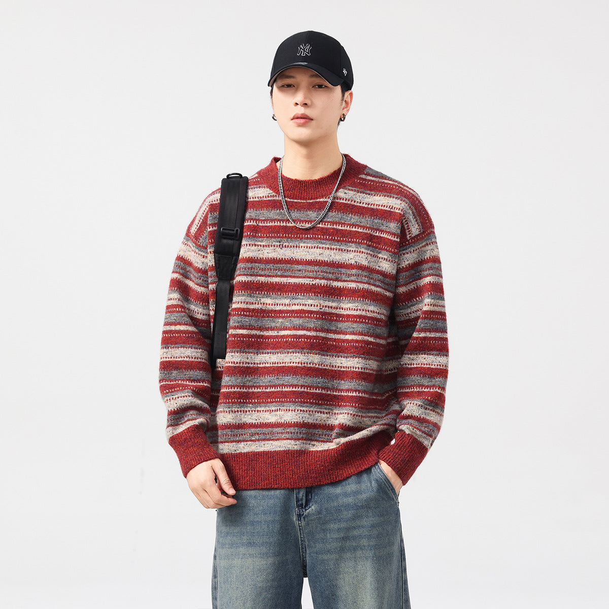 Herre Løstsiddende Retro Striktrøje Rund Hals Stribet Sweater