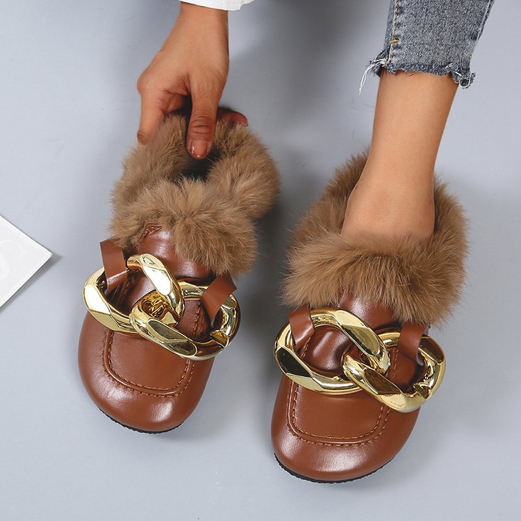 Large Chain Wool Slippers Women's Thick-soled Round Head Baotou Slippers