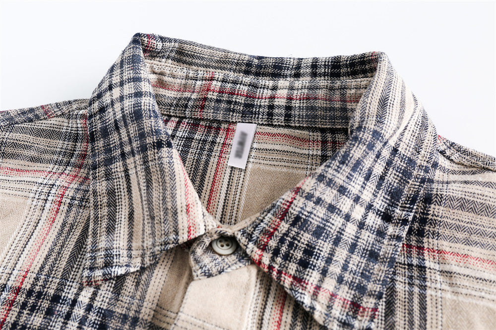 Plaid Shirt Men's Spring And Autumn American Retro Washed And Worn
