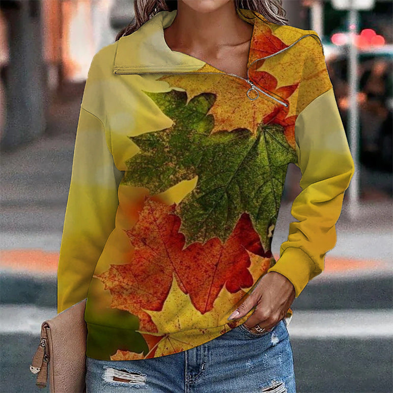 Trendy Abstract Printing Long Sleeve Zipper Sweater For Women