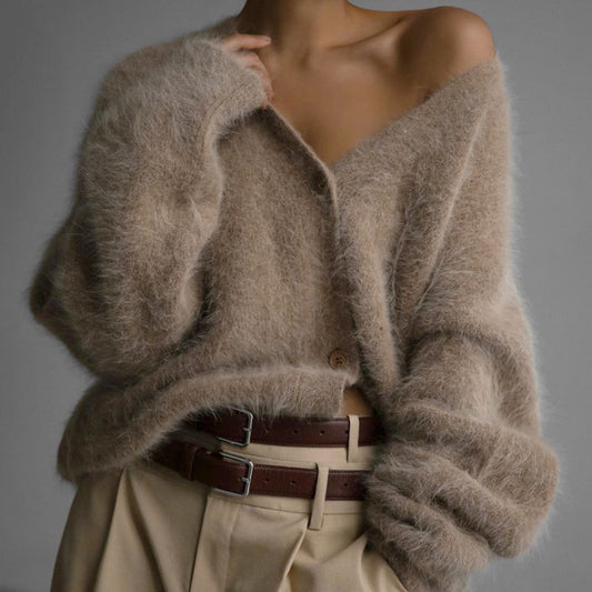 Cross-border Hot Sale Spring And Autumn Imitation Marten Cardigan Women Idle Style Loose Sweater Coat Soft Long-sleeved Sweater Women