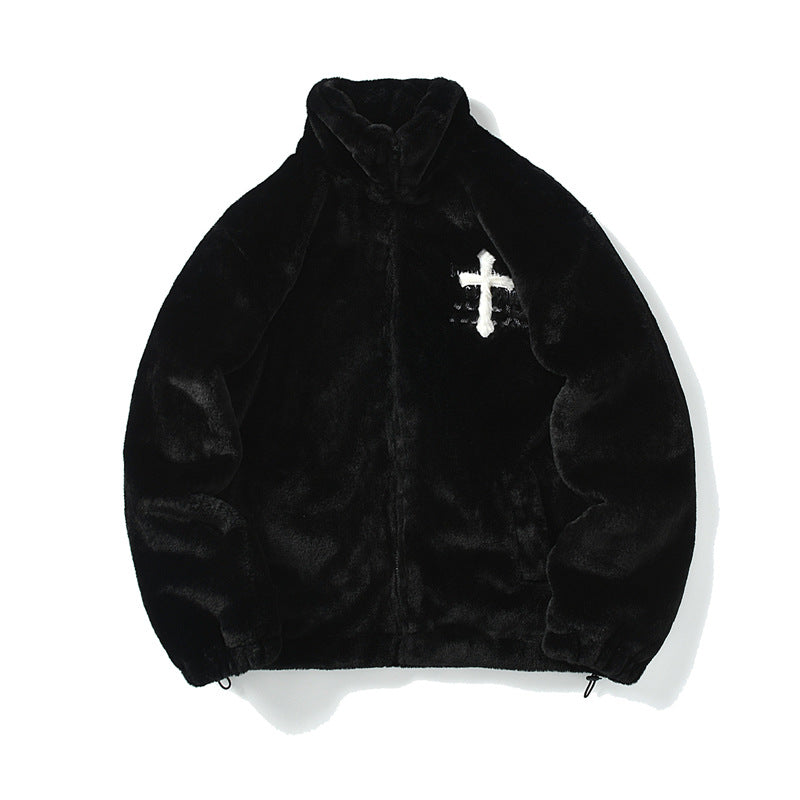 Men's Hip Hop Letter Embroidered  Rabbit Fur Jacket