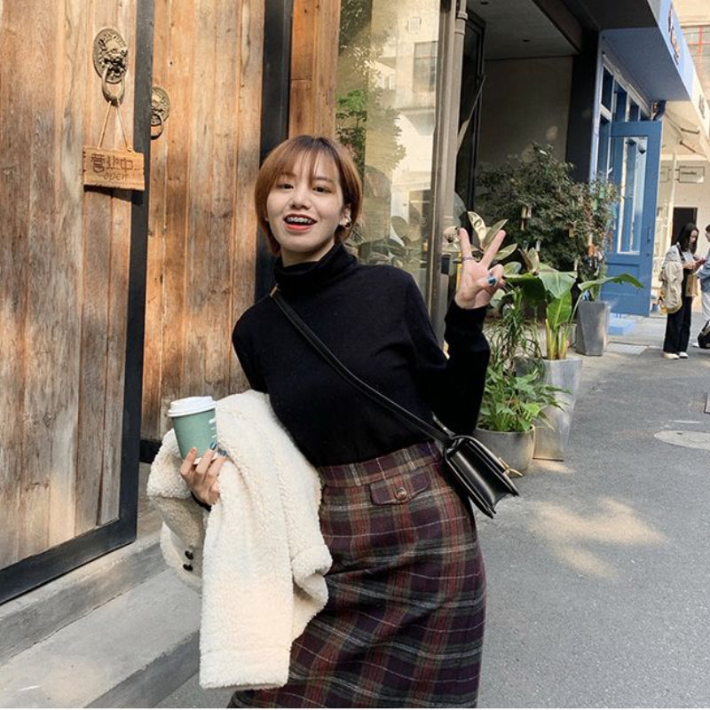 Woolen Plaid Skirt Slimming Versatile