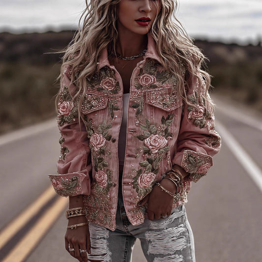 Women's Vintage Patchwork Print Turned Hem Denim Jacket