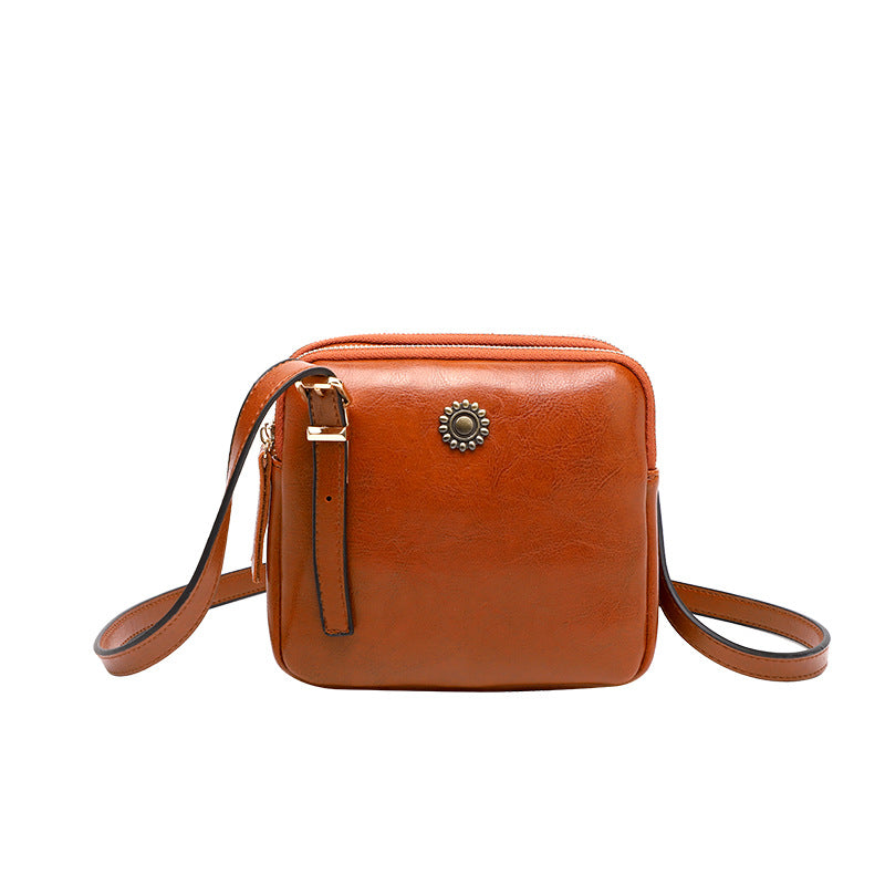 Women's Double-layer Zipper Oil Wax Leather One-shoulder Diagonal Bag