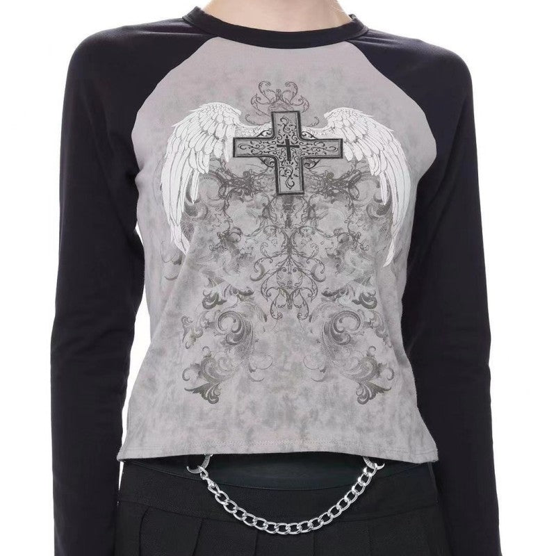 American-style Retro Patchwork Contrast Color Raglan Printed Wings T-shirt