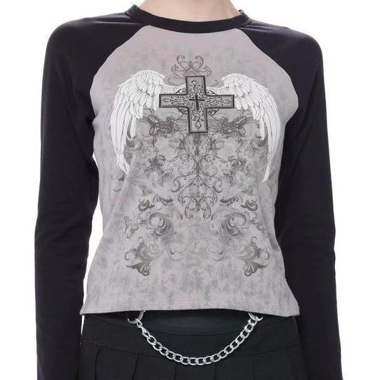 American-style Retro Patchwork Contrast Color Raglan Printed Wings T-shirt