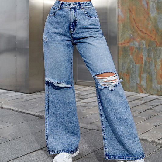 Damebukser i denim med høj talje og huller