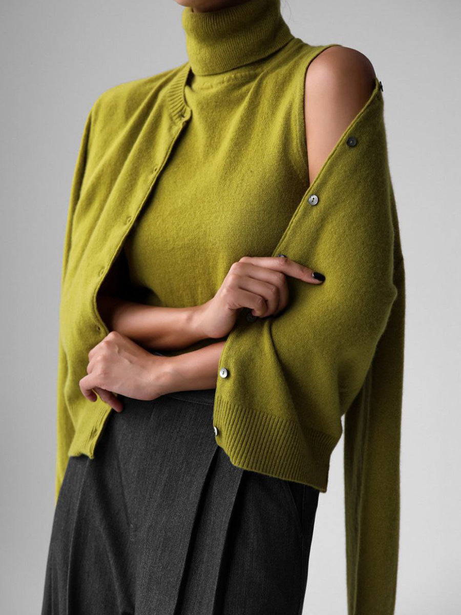 Womens Turtleneck Sleeveless Base Layer Top Sweater Cardigan Set