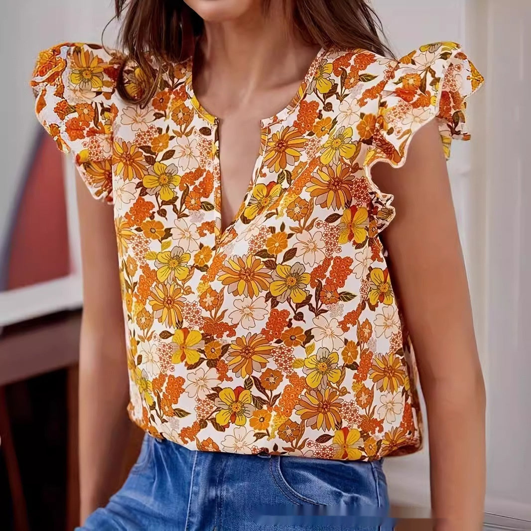 Temperament Commute Loose Casual Ruffle Sleeve Floral Blouse